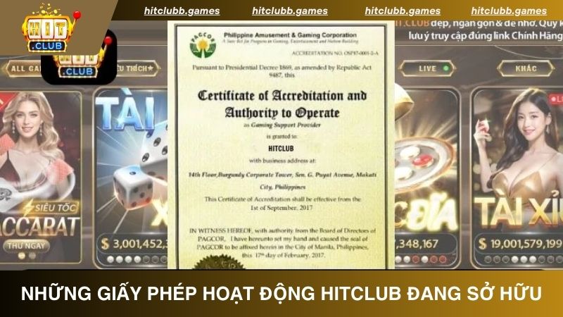 Những giấy phép hoạt động HitClub đang sở hữu